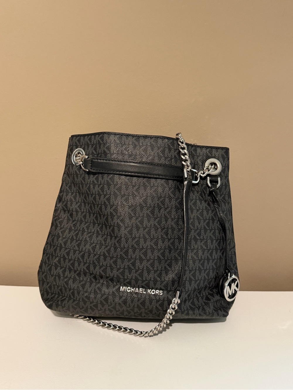 Michael Kors Black Monogram Chain-Accent Shoulder Bag